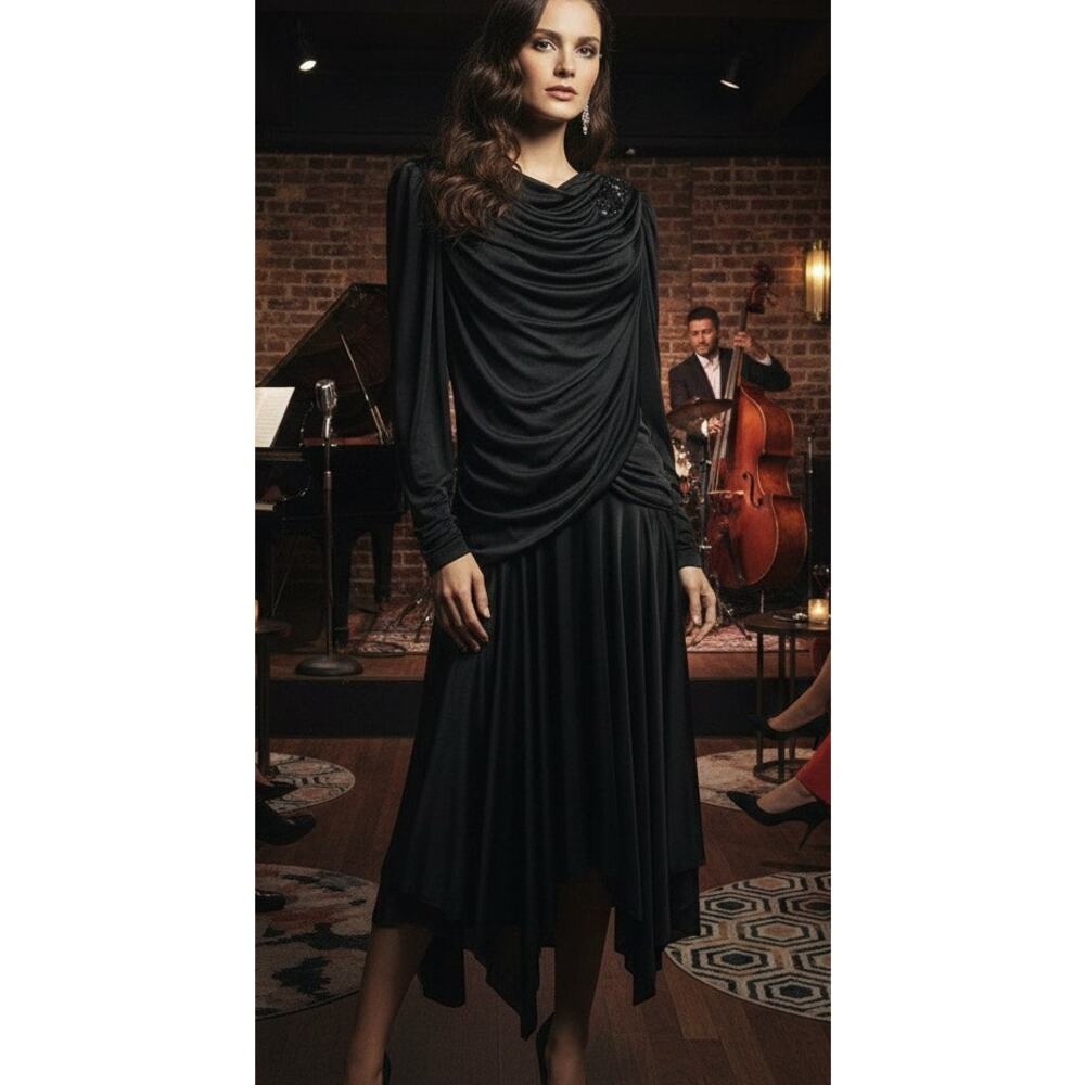 Vintage 80's Gorgeous Draped Poly Knit Hanky Hem Formal/Cocktail/Party Dress